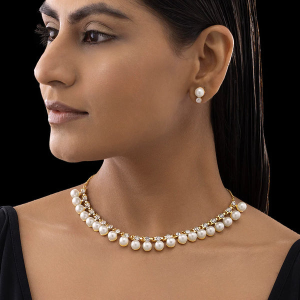Anti-Tarnish Pearl & Crystal Studded Statement Necklace Set with Earrings