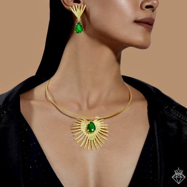 Anti-Tarnish Emerald Necklace Set With Earrings